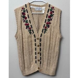 Vintage Jentzen Hand Embroidered Cableknit Sweater Vest Sz L Floral Cottage 90s